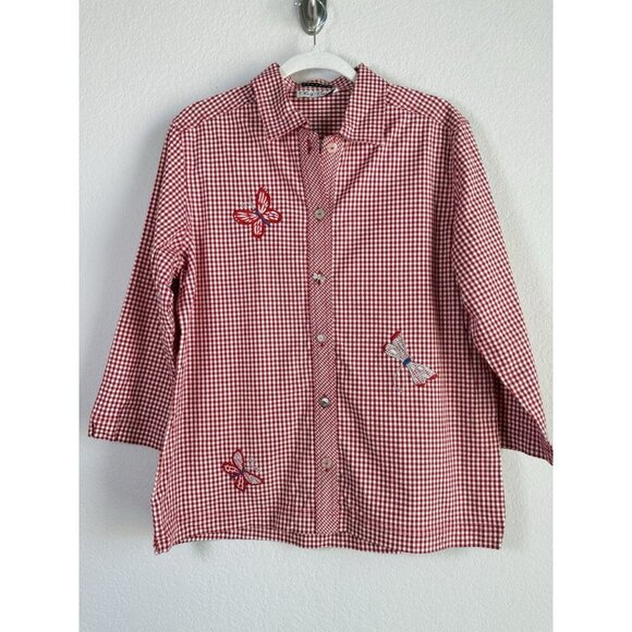 Oleg Cassini Vintage Stretch Dragonflies Gingham Red White‎ Women’s Top Size M - Picture 9 of 10